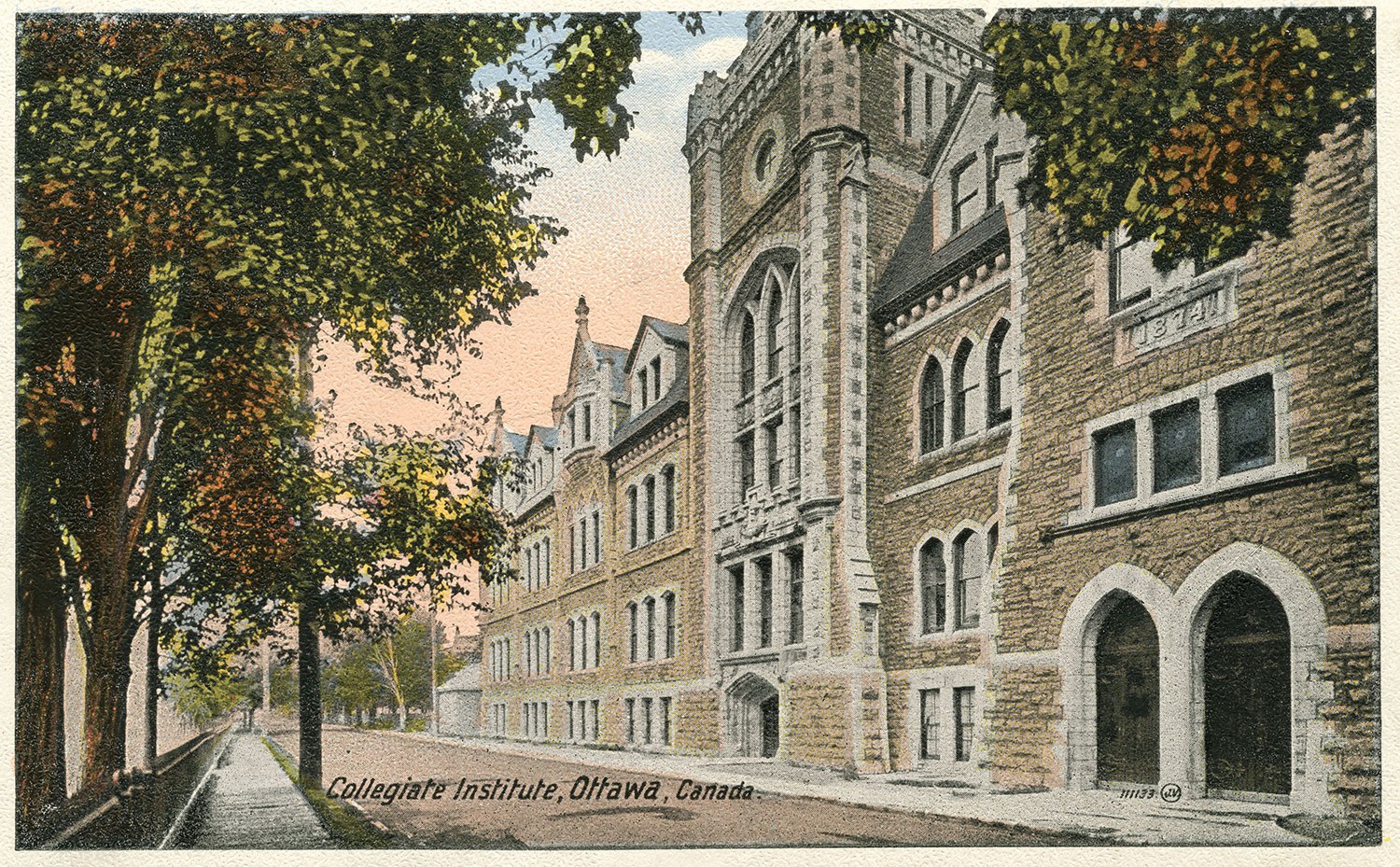 This colourized 1912 postcard shows what was then the Ottawa Collegiate Institute from Lisgar Street, now closed to traffic (Photo: International Stationery Company)